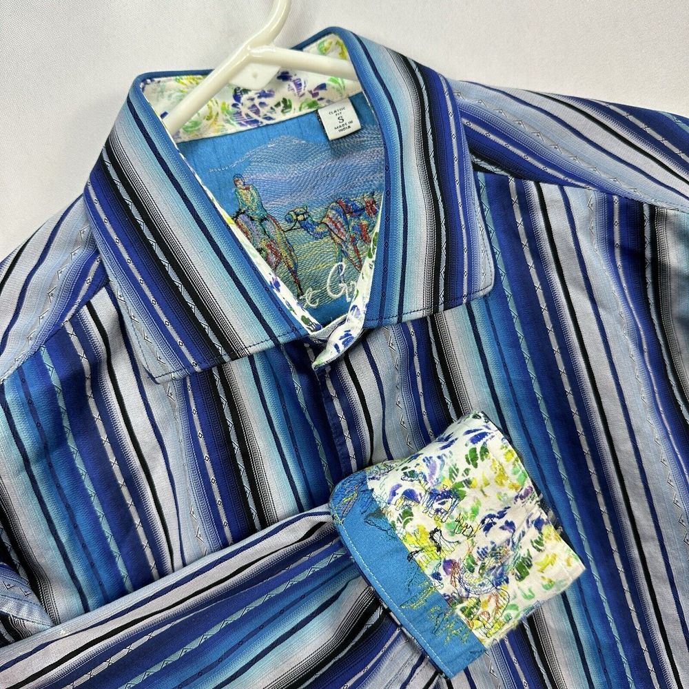 Robert Graham Shirt Mens Small Button Stripes Floral Flip Cuff Embroidery